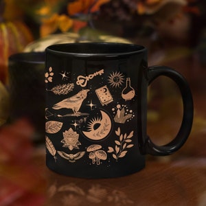 Mystical Mug, Crow Coffee Mug, Cottagecore Mug, Raven Mug, Celestial Mug, Pagan Mug, Witchy Mug, Butterfly Black Glossy 11 oz Mug