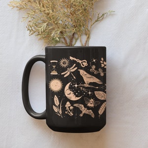 Mystic Crow Celestial, Witchy Mug, Crescent Moon Mystical Cottage Core Apothecary Glossy Black Coffee Mug 15oz, Black Witchy Wiccan Mug