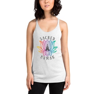 Lotus Meditation Buddha Spiritual Boho Sacred Human Heather White Women's Racerback Tank Top