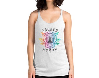 Lotus Meditation Buddha Spiritual Boho Sacred Human Heather White Women's Racerback Tank Top