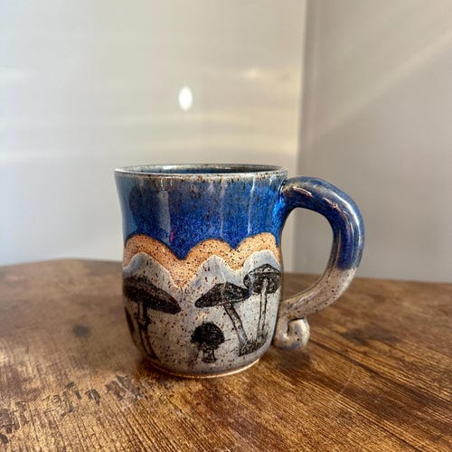 Botanical Print Mushroom Mug - Handmade Pottery