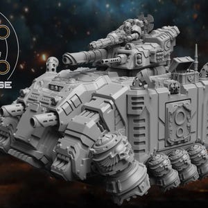 May include: A gray, detailed model of a futuristic tank with multiple turrets and intricate mechanical components. The text "ATLAN FORGE" is visible on the left side of the image, along with a circular logo.