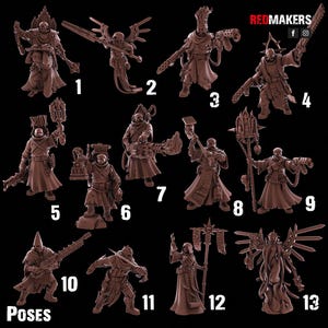 May include: A collection of thirteen brown miniature figurines in various poses, each with unique armor and weaponry. The figurines are numbered and labeled "POSES" at the bottom left, with the "REDMAKERS" logo at the top right.