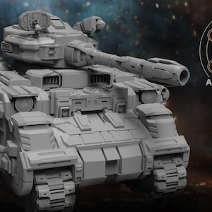 May include: A gray, futuristic-looking tank with a large cannon and multiple smaller guns. The tank has a detailed design with many panels and hatches. The tank is on a dark background with stars.