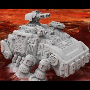May include: A white, detailed, futuristic, articulated, military vehicle with a large gun turret on top. The vehicle has a boxy design with many small details and appears to be made of metal.