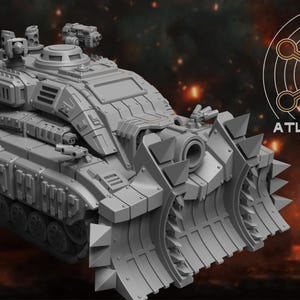 May include: A gray, futuristic tank with a large blade at the front and multiple turrets. The tank has a detailed design with visible tracks and weaponry. The image includes the text "ATLAN FORGE" in a circular logo.