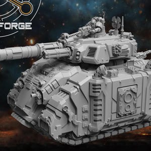 May include: A gray, detailed model of a military tank with a large cannon and multiple turrets. The tank has a boxy design with visible tracks and is set against a dark, space-themed background. The text "ATLAN FORGE" is in the upper left corner.