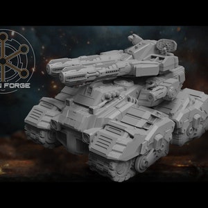 May include: A gray, detailed model of a futuristic tank with two large cannons on top. The tank has a complex design with many intricate details. The model is made of plastic and is ready to be painted.