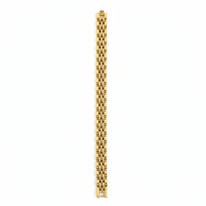 May include: A gold-toned metal bracelet featuring a repeating link pattern with a polished finish. The design consists of small, interconnected rectangular segments arranged in a vertical row, ending with a secure clasp mechanism at the top.