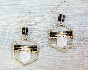 Moonstone smokey quartz seed bead hexagon dangle earrings