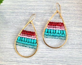 Turquoise dangle drop earrings Garnet rhodonite apatite gold gemstone teardrop earrings