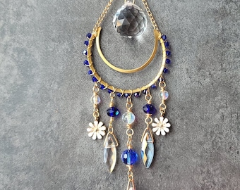 Brass crescent moon Blue crystal and white flower mini suncatcher  car charm home decor