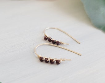 Asymmetrical 14k goldfilled horseshoe threader earrings with garnet gemstones | gift for her |  dainty earrings