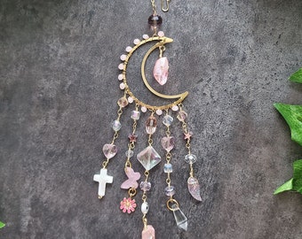 Mooncatcher pink crystals, aura quartz car charm. Shell cross butterfly pink suncatcher