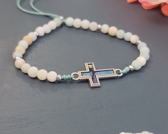 Amazonite adjustable cross bracelet with hematite spacers