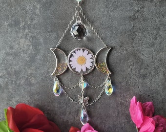 Triple moon daisy flower mini crystak suncatcher car charm
