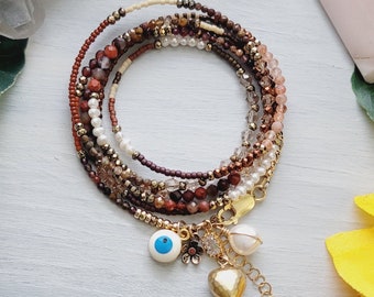 Boho Gemstone Beaded Wrap Bracelet | Earthtone Reds bracelet Convertible Necklace| Gold Pearl bracelet