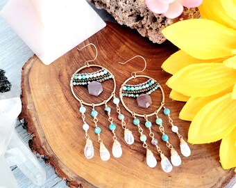 Chrysoprase and chocolate moonstone gemstone gold chandelier hoop earrings