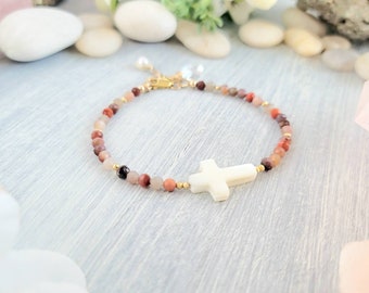 Multicolored gemstone adjustable cross bracelet