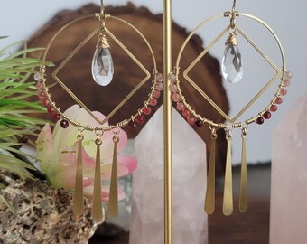 Gold Strawberry Quartz hoop diamond shape dangle earrings