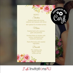 White Roses Wedding Menu Template, Editable Printable Wedding Stationery, Edit with Corjl - Theme: White Roses