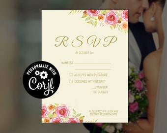 Pink Roses Wedding RSVP Template, Editable Printable Wedding Stationery, Edit with Corjl - Theme: Pink Roses