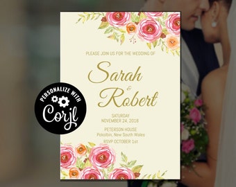 Pink Roses Wedding Invitation Template, Editable Printable Wedding Invite, Edit with Corjl - Theme: Pink Roses