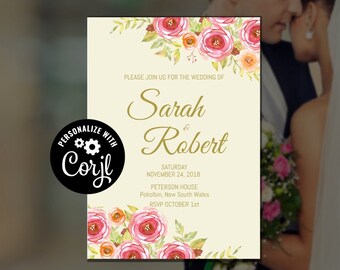 Pink Roses Wedding Invitation Template, Editable Printable Wedding Invite, Edit with Corjl - Thème: Roses roses
