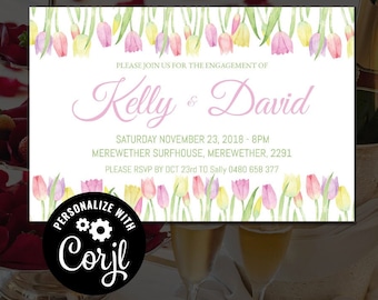 Colorful Tulips Engagement Invitation Template, Editable Printable Wedding stationery, Edit with Corjl - Theme: Colorful Tulips