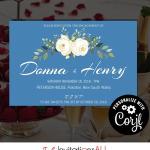 White Roses on Blue Engagement Invitation Template, Editable Printable Wedding stationery, Edit with Corjl - Theme: White Roses on Blue