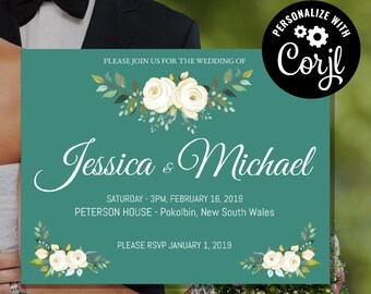 White Roses Wedding Invitation Template, Editable Printable Wedding Stationery, Edit with Corjl - Theme: White Roses