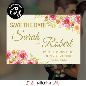 Pink Roses Wedding Save The Date Template, Editable Printable Wedding stationery, Edit with Corjl - Theme: Pink Roses