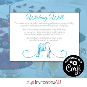 Modelo Love Doves Wedding Wishing Well, papelaria editável para impressão, edite com Corjl - Tema: Love Doves