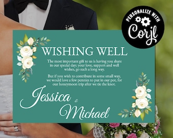 White Roses Wedding Wishing Well Template, Editable Printable Wedding Stationery, Edit with Corjl - Theme: White Roses