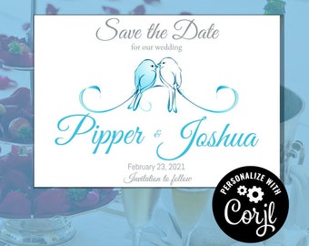 Love Doves Wedding Save The Date Template, Editable Printable Wedding Stationery, Edit with Corjl - Theme: Love Doves