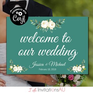 White Roses Wedding Welcome Sign Template, Editable Printable Wedding Stationery, Edit with Corjl - Theme: White Roses