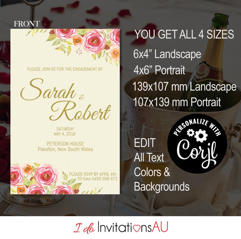 Pink Roses Engagement Invitation Template, Editable Printable Wedding stationery, Edit with Corjl Theme: Pink Roses image 3