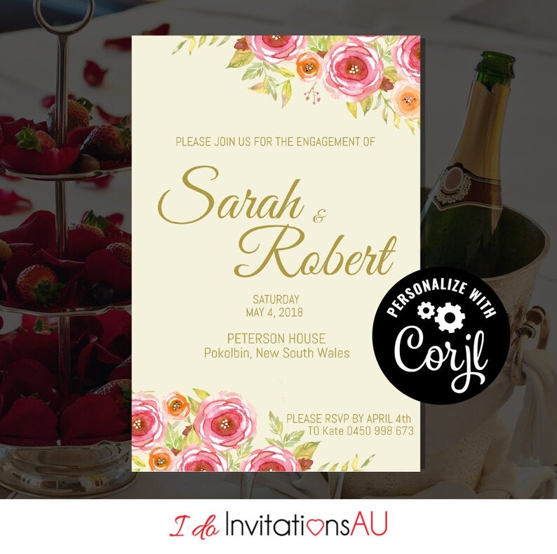 Pink Roses Engagement Invitation Template, Editable Printable Wedding stationery, Edit with Corjl Theme: Pink Roses image 1