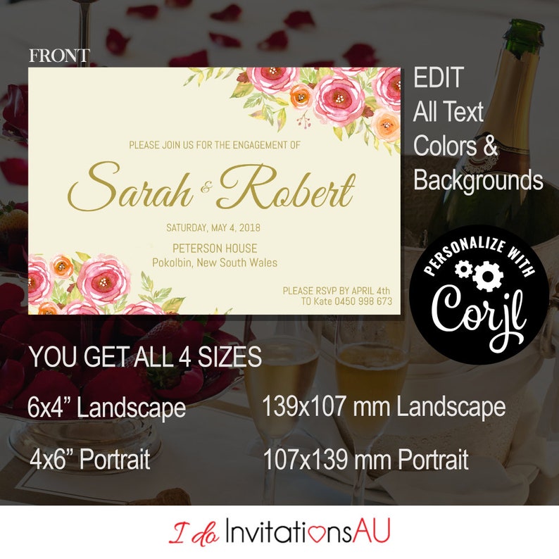 Pink Roses Engagement Invitation Template, Editable Printable Wedding stationery, Edit with Corjl Theme: Pink Roses image 4