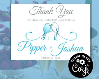 Love Doves Wedding Thank You Template, Editable Printable Wedding Stationery, Edit with Corjl - Theme: Love Doves