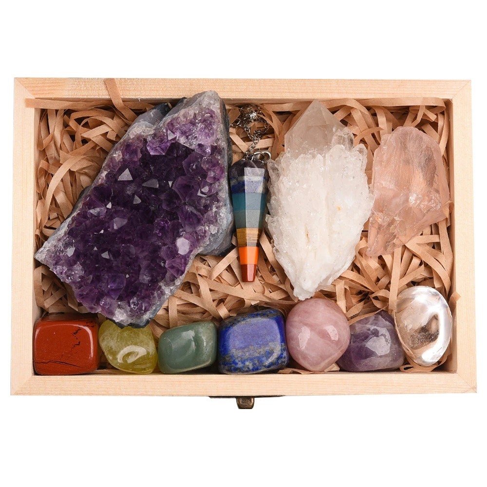 11 Pcs Naturel Gemstone Chakra Thérapie Set Coffret Cadeau en Bois/Améthyste Cluster Rose Quartz Cri