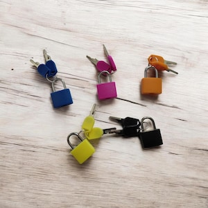 May include: A collection of small, colorful padlocks in blue, pink, orange, yellow, and black, each with a set of keys. The padlocks are arranged on a light-colored wooden surface, creating a visually appealing display.