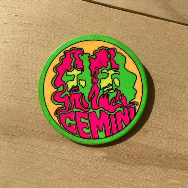 Vintage Pin Back Button - Novelty Accessories - 1970’s Gemini Pin - Neon - Zodiac Pin - Vintage Fashion - Retro Style - 3” Button