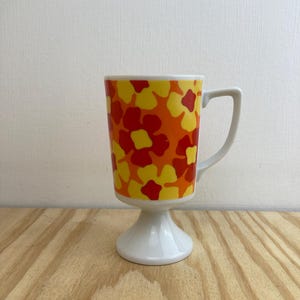 Vintage Mug - Pedestal with Bright Retro Floral Print - 60s 70s Mod Coffee Cup, Orange Yellow Flower Power Ceramic Mug, Groovy Kitchen Decor