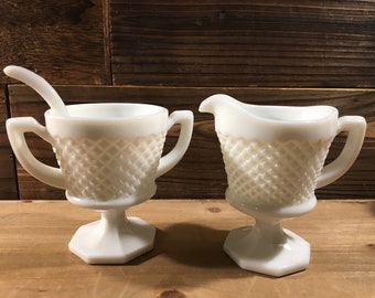 Set of 3 - Vintage Coffee Set - Kitchenware - Milk Glass Creamer & Sugar Bowl with Spoon - Saw Tooth Design - Westmoreland Glassware