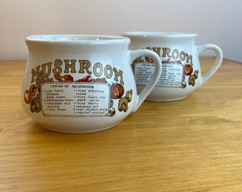 Vintage Mushroom Recipe Soup Cups Set of 2, Retro Cottagecore Ceramic Mugs