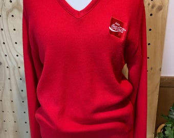Vintage Coca-Cola Knit Sweater | Red V-Neck Pullover, Made in USA