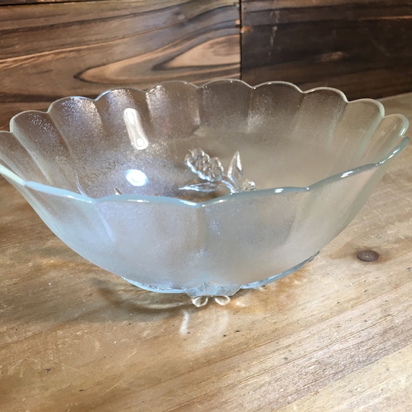 Vintage Houseware - Glass Bowl with Embossed Flower Design and Scalloped Edge - Cottagecore Farmhouse - Shabby Chic - Rustic Wedding Decor
