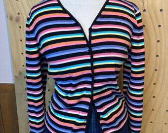 Vintage 90s Striped Cotton Cardigan | Petite Large, Colorful Knit Top