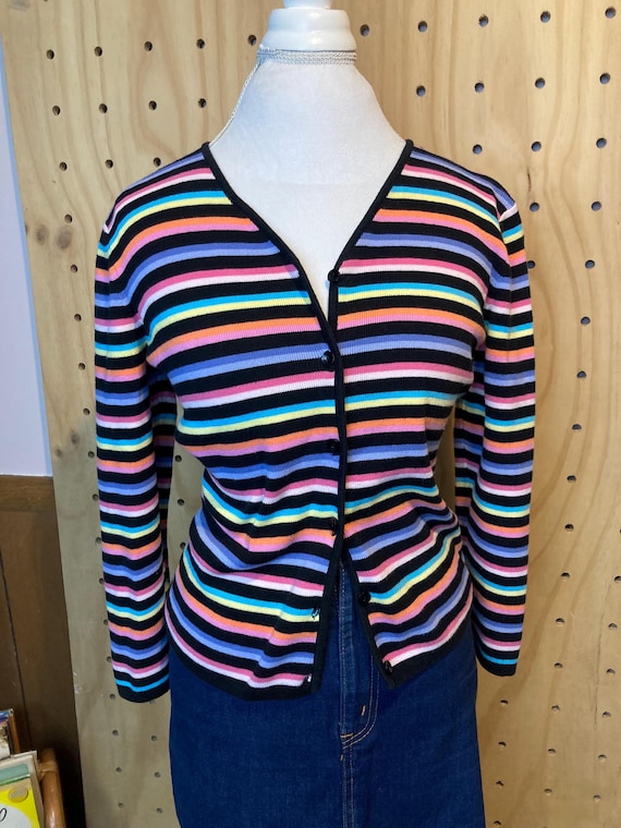 Vintage 90s Striped Cotton Cardigan | Petite Large, Colorful Knit Top